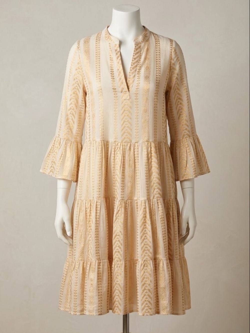 Peach Tiered Midi Dress with V-Neck and Bell Sleeves